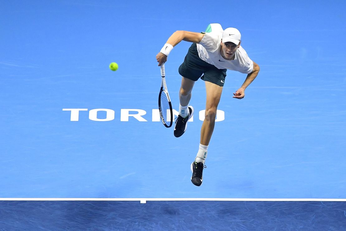Jannik Sinner of Italy serves during the Men's Singles Semi Final match on day seven of the Nitto ATP Finals at Pala Alpitour on November 18 in Turin, Italy.