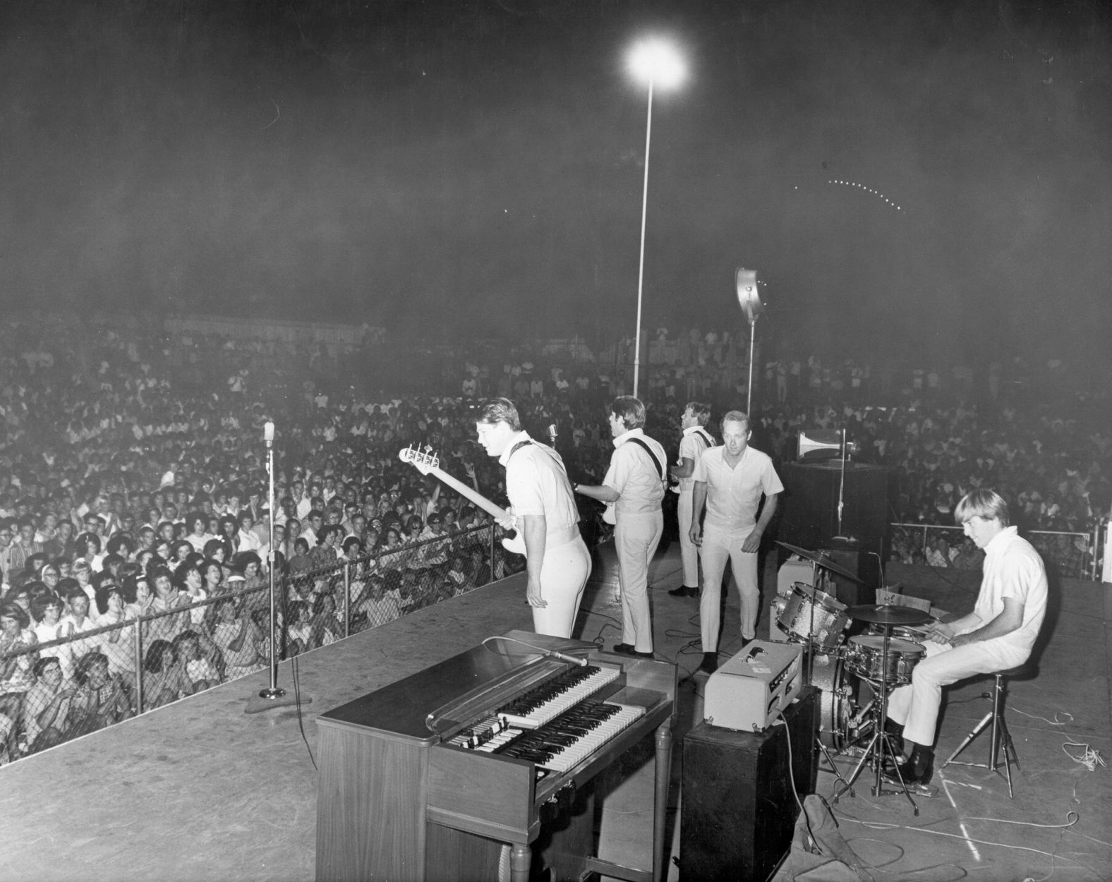 The Beach Boys perform on stage circa 1963. From left are Brian Wilson, Carl Wilson, Al Jardine, Love and Dennis Wilson. Marks had quit the band by this point.