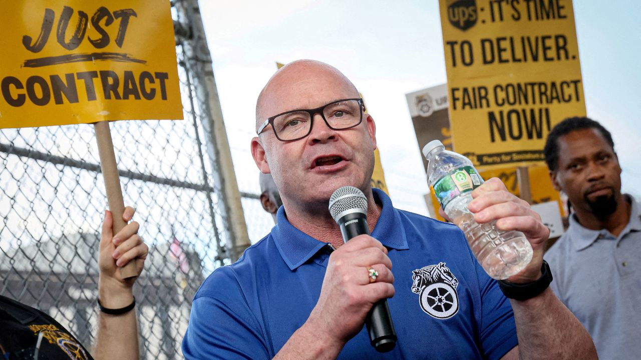 Sean O'Brien, President of the International Brotherhood of Teamsters, speaks to UPS Teamsters during a picket ahead of an upcoming possible strike, outside of a UPS Distribution Center in Brooklyn, New York, in July 2023. 