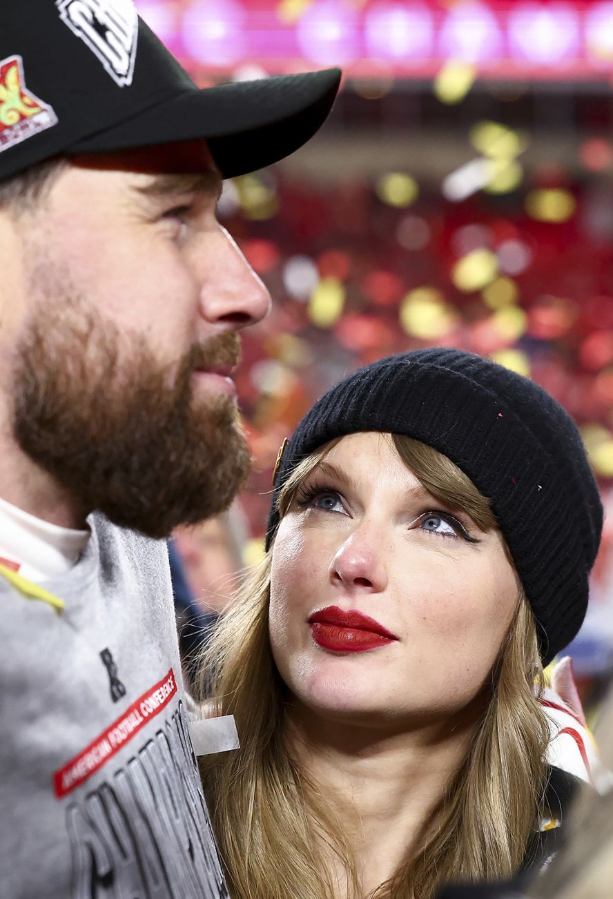 Kelce and Swift celebrate after Kelce's team, the Kansas City Chiefs, won the AFC Championship in January 2025 and booked a spot in the Super Bowl.