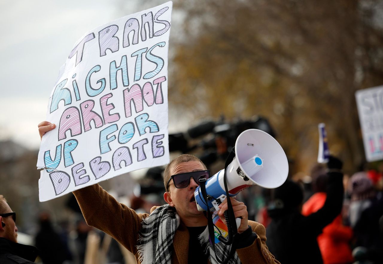 A transgender rights supporter takes part in a rally outside of the U.S. Supreme Court as the justices hear arguments in a case on transgender health rights on December 4, 2024 in Washington, DC.