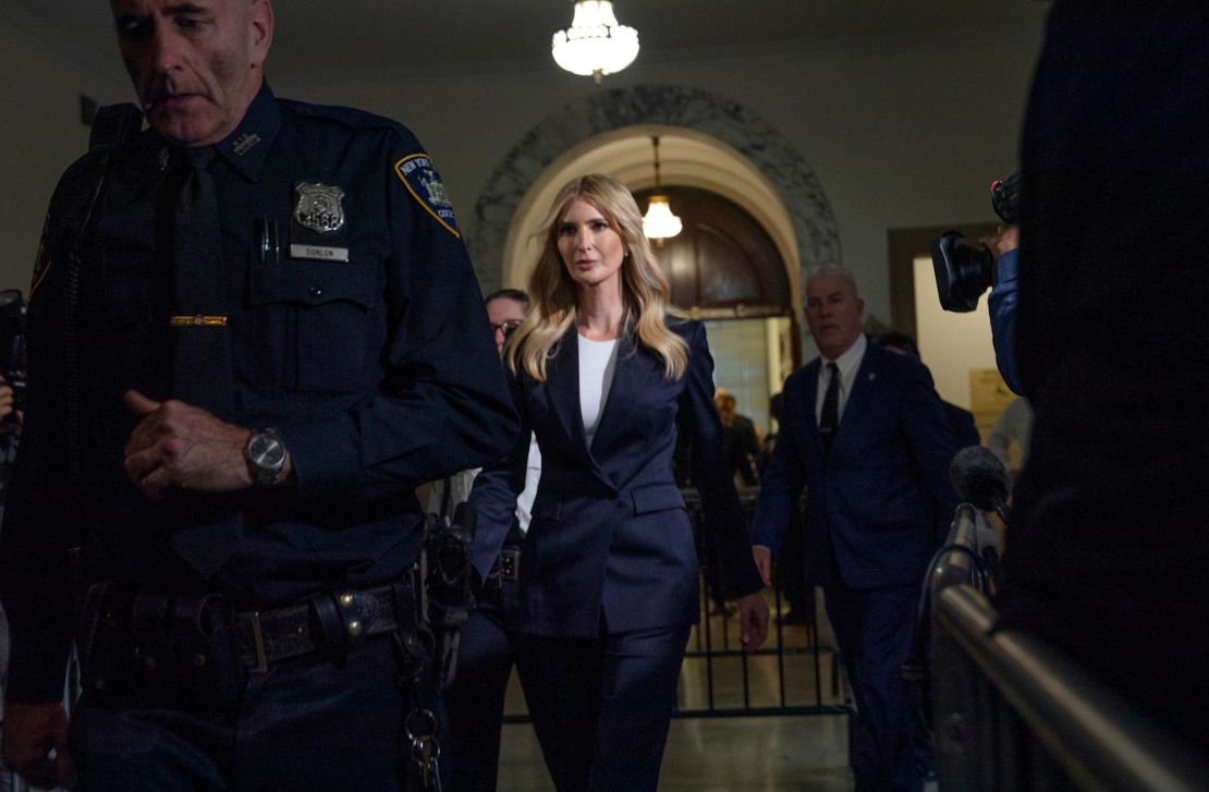 Ivanka Trump exits the courtroom during a break in the civil fraud trial of her father, Donald Trump, at the State Supreme Court building in New York on November 8, 2023. 