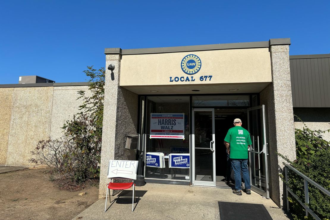 Pro-Harris union organizers enter UAW Local 677 in Allentown, Pennsylvania, on October 20.