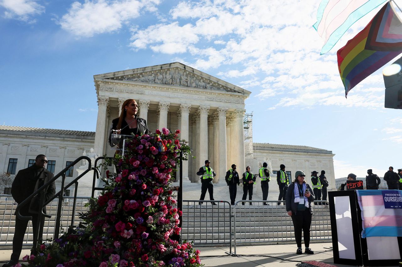 Transgender rights activist Mariah Moore speaks outside the court.