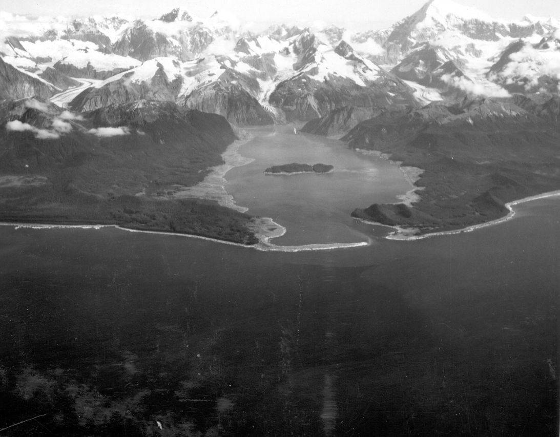 Tsunami damage is seen on the shores of Lituya Bay in an August 1958 aerial photograph.