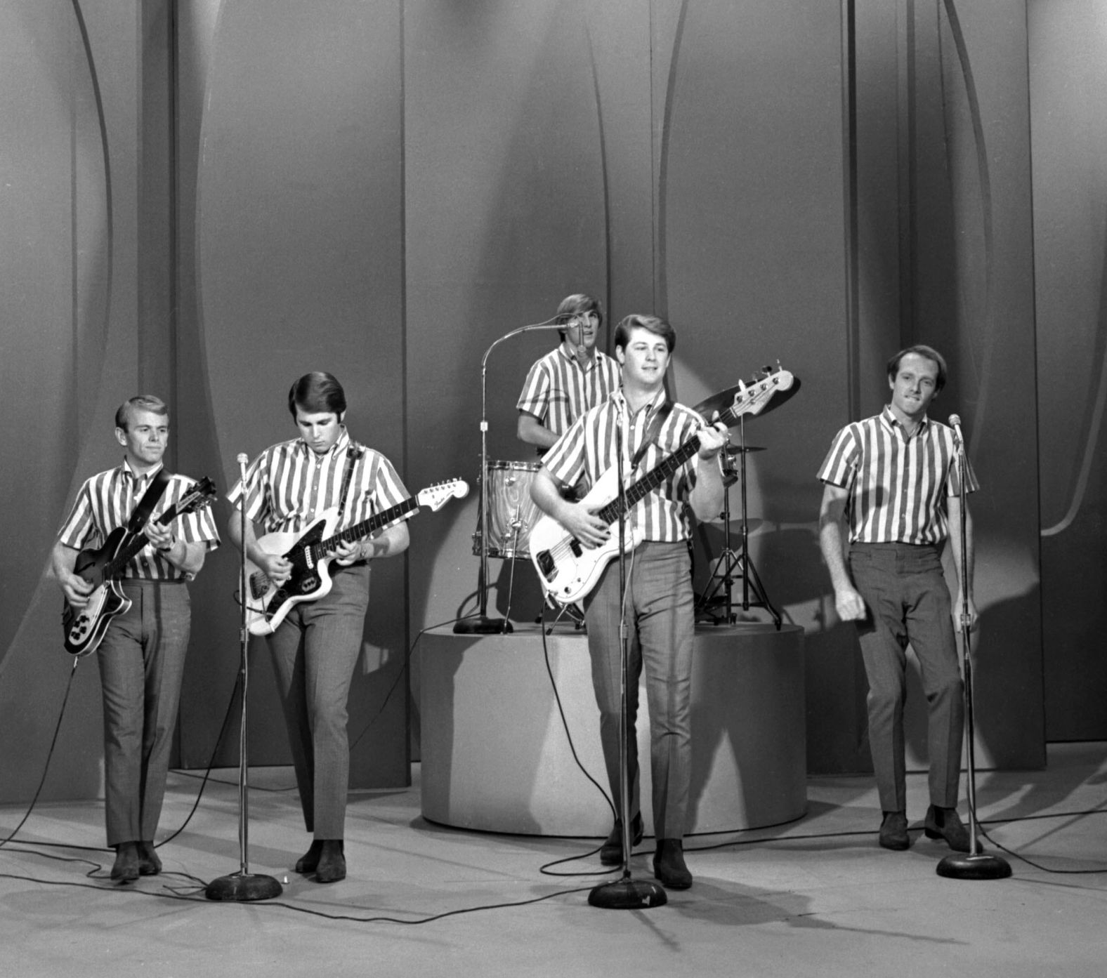 The Beach Boys perfom on "The Ed Sullivan Show" in 1964. From left are Jardine, Carl Wilson, Dennis Wilson, Brian Wilson and Love.