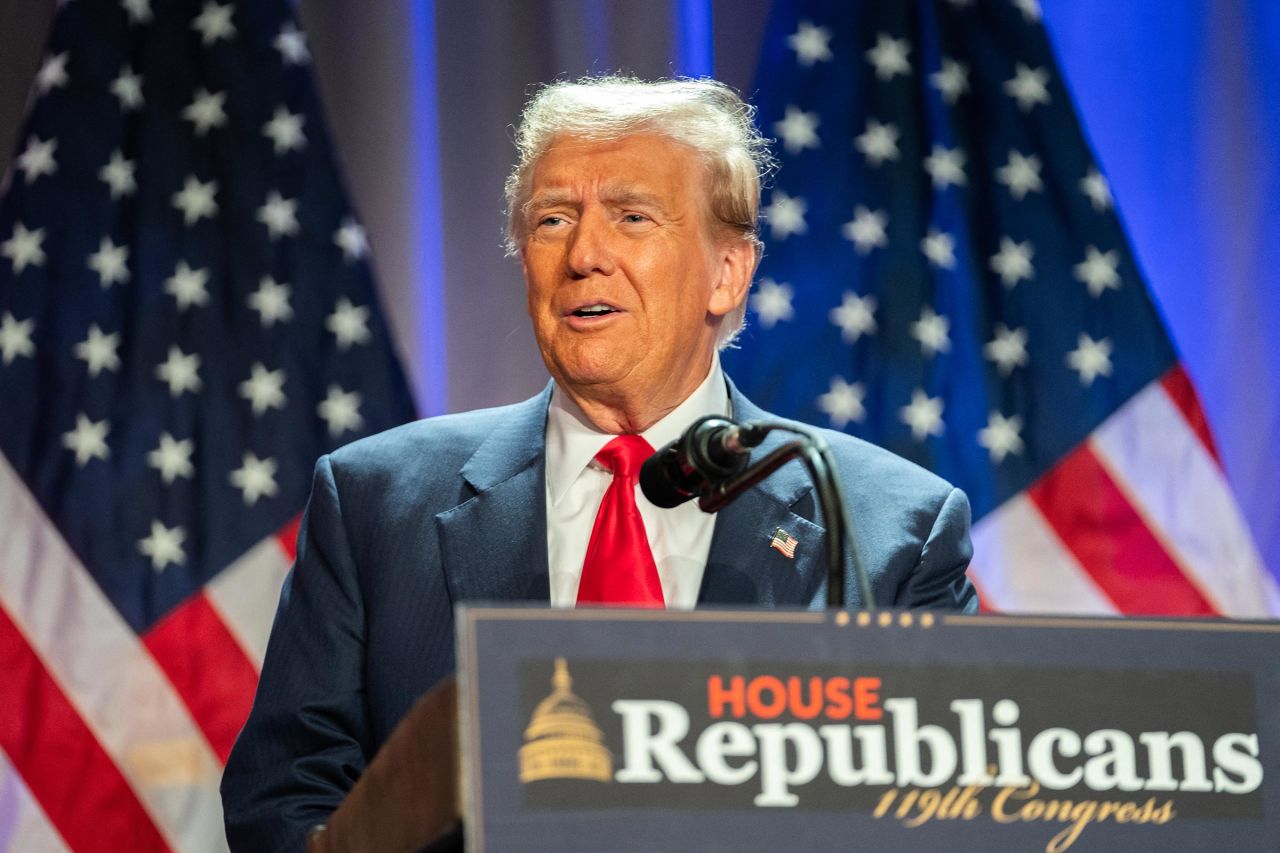 President-elect Donald Trump speaks during a meeting with House Republicans at the Hyatt Regency hotel in Washington, DC on November 13, 2024.