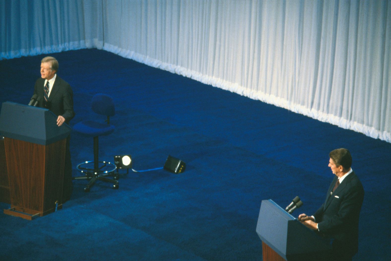 Carter, left, and Reagan stand at their lecterns during their debate in Cleveland in 1980. It was this debate where <a href="index.php?page=&url=https%3A%2F%2Fwww.cnn.com%2FALLPOLITICS%2F1996%2Fdebates%2Fhistory%2F1980%2Findex.shtml">Reagan famously asked Americans</a>: "Are you better off than you were four years ago?"