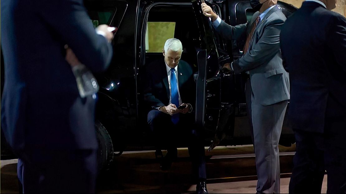 In this image from video released by the House select committee, Vice President Mike Pence looks at a phone from his secure evacuation location on January 6, 2021.