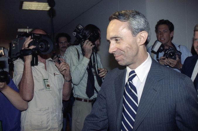 Souter is surrounded by the media as he leaves the office of Sen. Warren Rudman in July 1990.