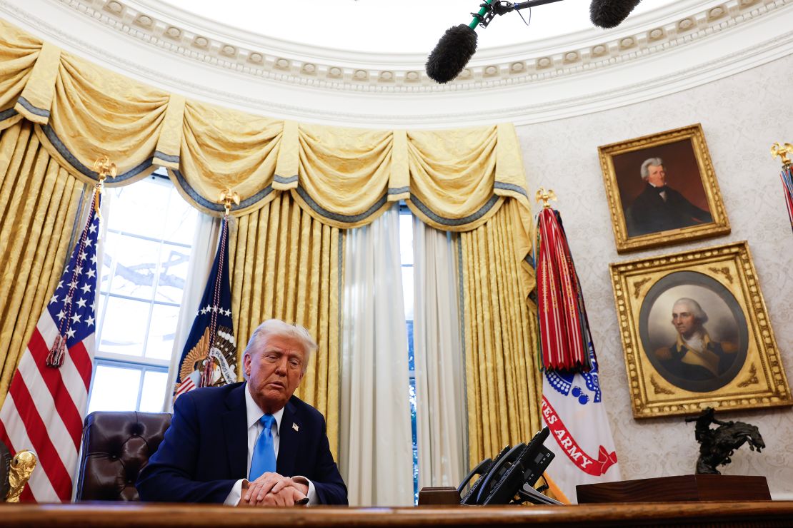 President Donald Trump speaks before signing two executive orders in the Oval Office of the White House on February 04, 2025 in Washington, DC.