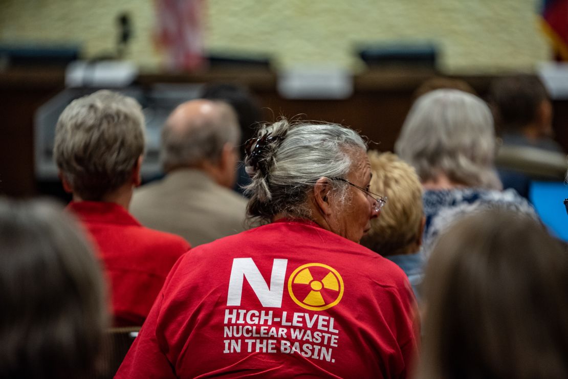 A protester attends a Nuclear Regulatory Commission hearing in Midland, Texas, in 2019.