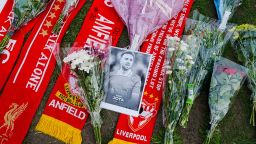 A portrait of Diogo Jota placed as a tribute near Anfield, in Liverpool, Friday, July 4, 2025. (Peter Byrne/PA via AP)