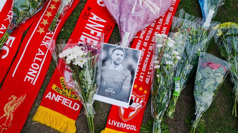 A portrait of Diogo Jota placed as a tribute near Anfield, in Liverpool, Friday, July 4, 2025. (Peter Byrne/PA via AP)
