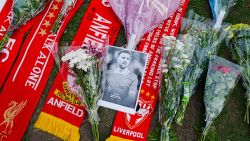 A portrait of Diogo Jota placed as a tribute near Anfield, in Liverpool, Friday, July 4, 2025. (Peter Byrne/PA via AP)