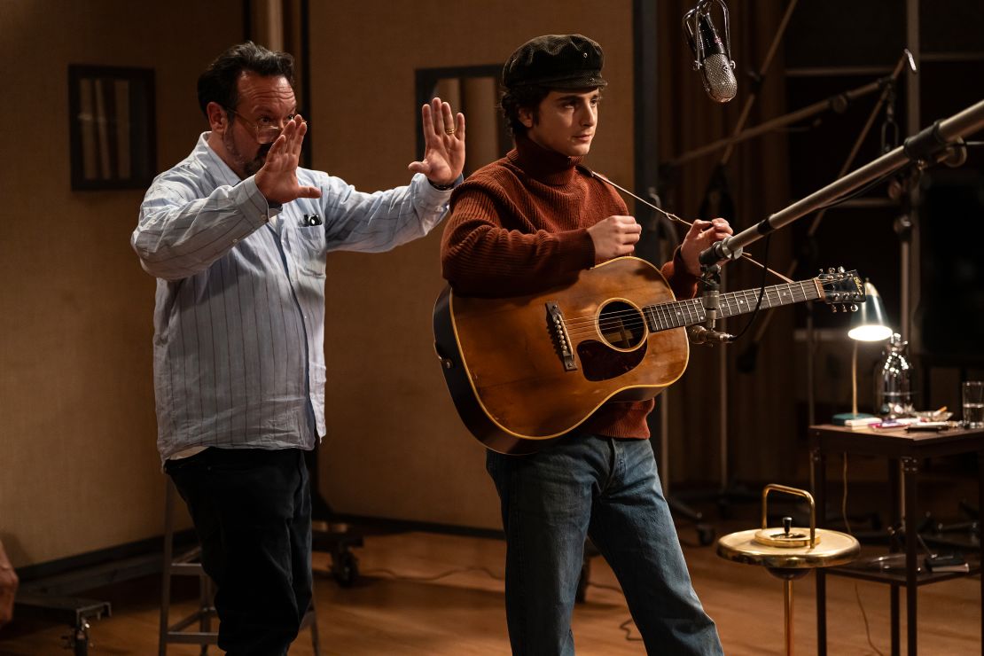 Director James Mangold and Timothée Chalamet on the set of 'A Complete Unknown.'