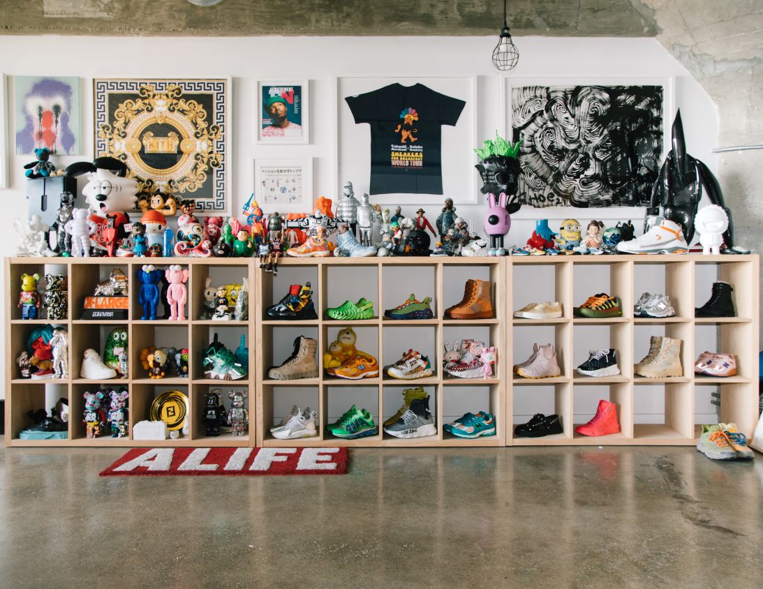 Bembury's studio, featuring a collection of his sneakers.