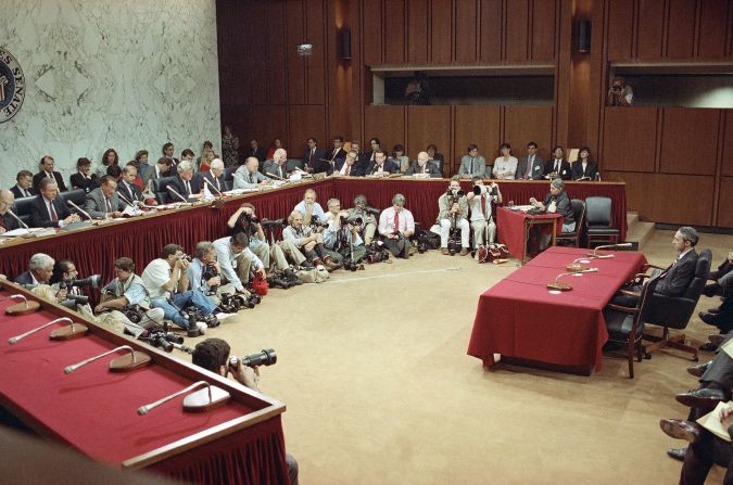 Souter sits alone as he appears before the Senate Judiciary Committee during his confirmation hearing in September 1990. His legal views were little known during confirmation. He was called the “stealth nominee.”