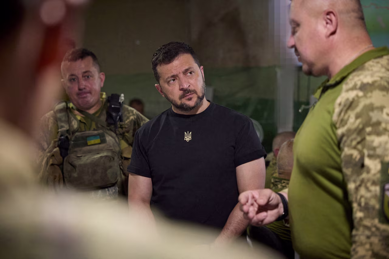 Ukraine's President Volodymyr Zelensky visits a frontline in Zaporizhzhia region, Ukraine, on August 15.