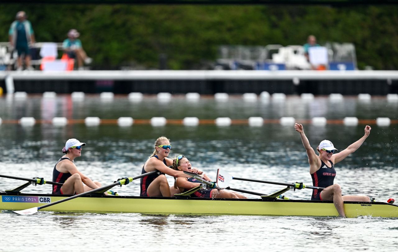 Team Great Britain celebrate their win in the women's quadruple sculls final at Vaires-sur-Marne Nautical Stadium on Wednesday.