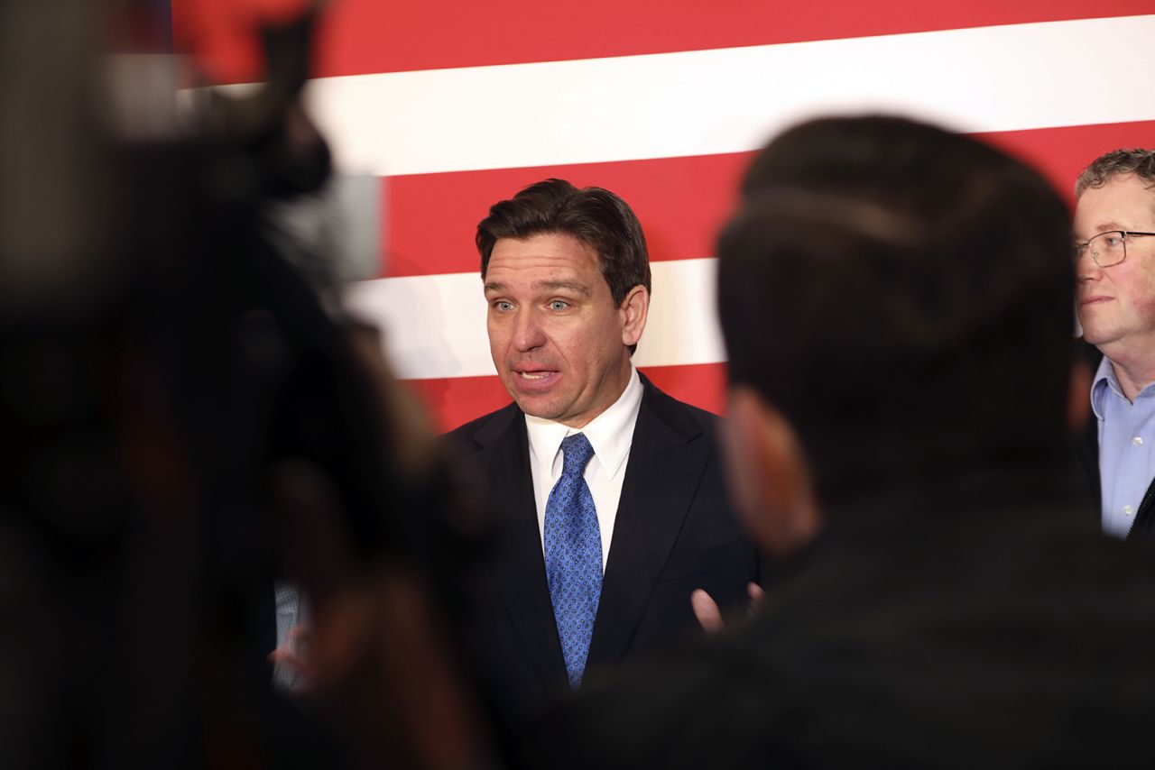 Republican presidential candidate Florida Gov. Ron DeSantis takes questions from reporters after a rally on Tuesday, Jan. 16, in Greenville, S.C.