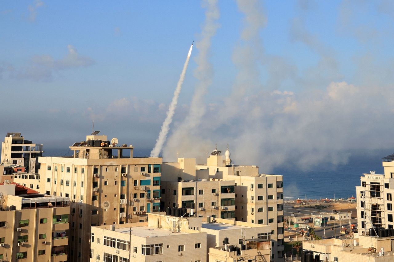 Rockets are fired from Gaza City towards Israel on October 7, 2023.