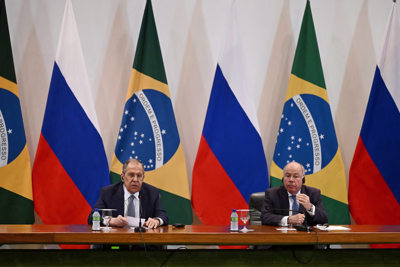 Russian Foreign Minister Sergey Lavrov, left, speaks during a joint press conference with his Brazilian counterpart Mauro Vieira, right, at Itamaraty Palace in Brasilia on April 17. 