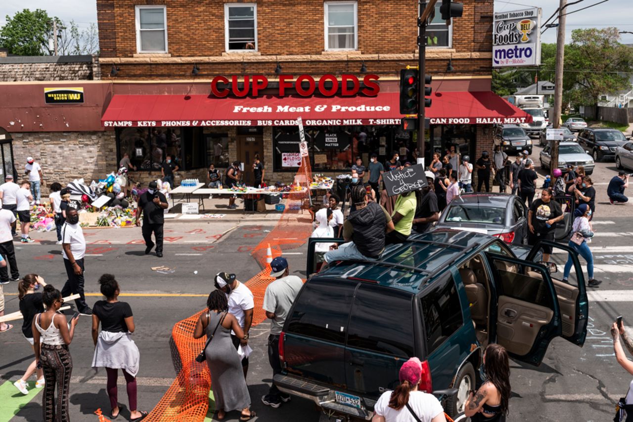 Protesters gather outside the Cup Foods on Chicago Avenue and 38th Street on May 27, in Minneapolis.