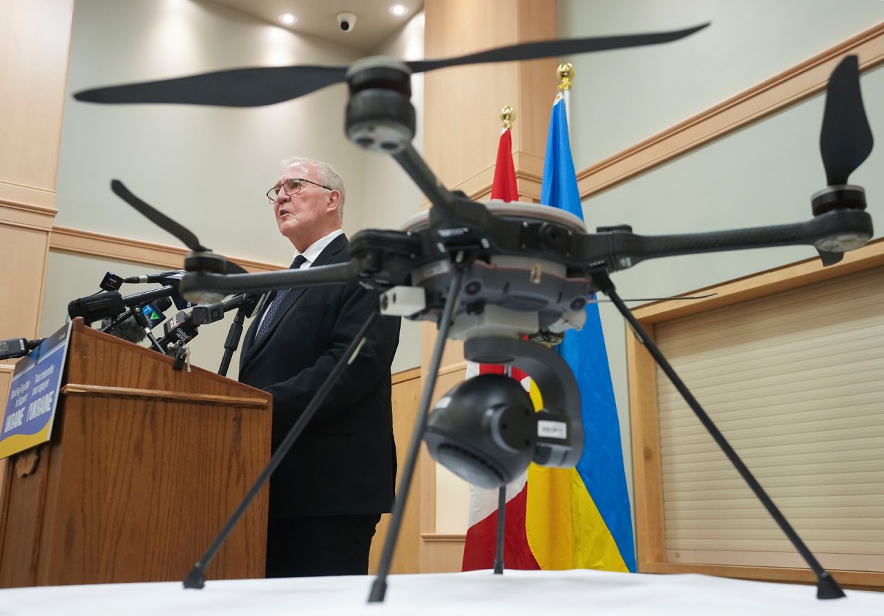 Defense minister Bill Blair announces drone support to Ukraine in Toronto on February 19.