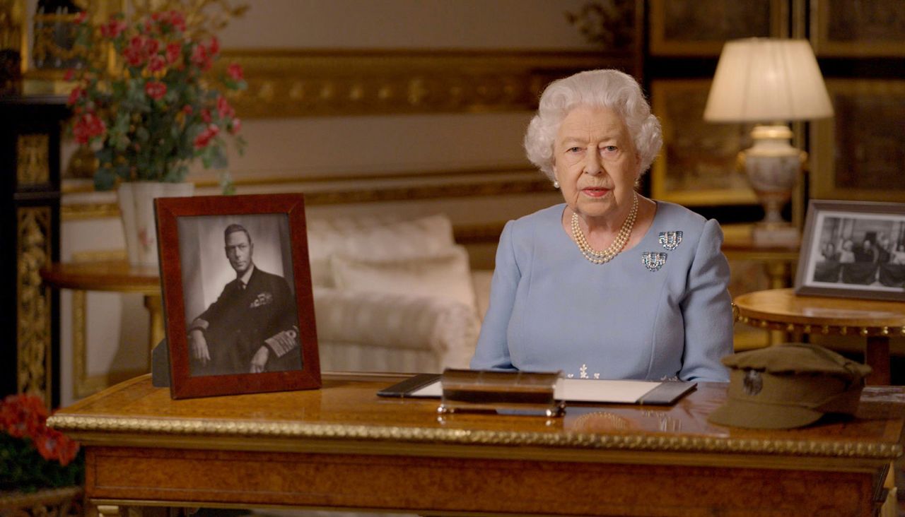 Queen Elizabeth II addresses the nation and the Commonwealth on the 75th anniversary of VE Day, from Windsor Castle in Windsor, England, on May 8.