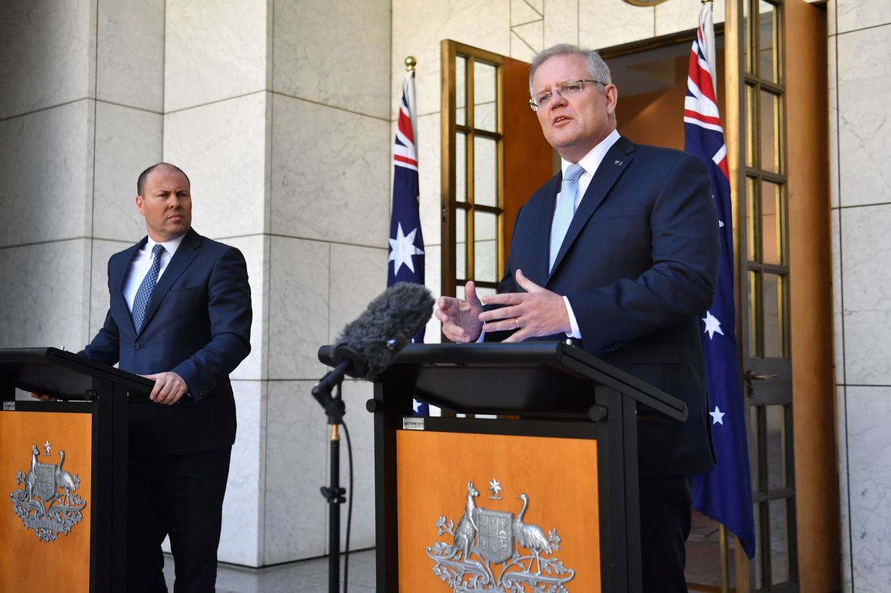 Prime Minister Scott Morrison and Treasurer Josh Frydenberg speak during a press conference at Parliament House on March 22 in Canberra, Australia.?