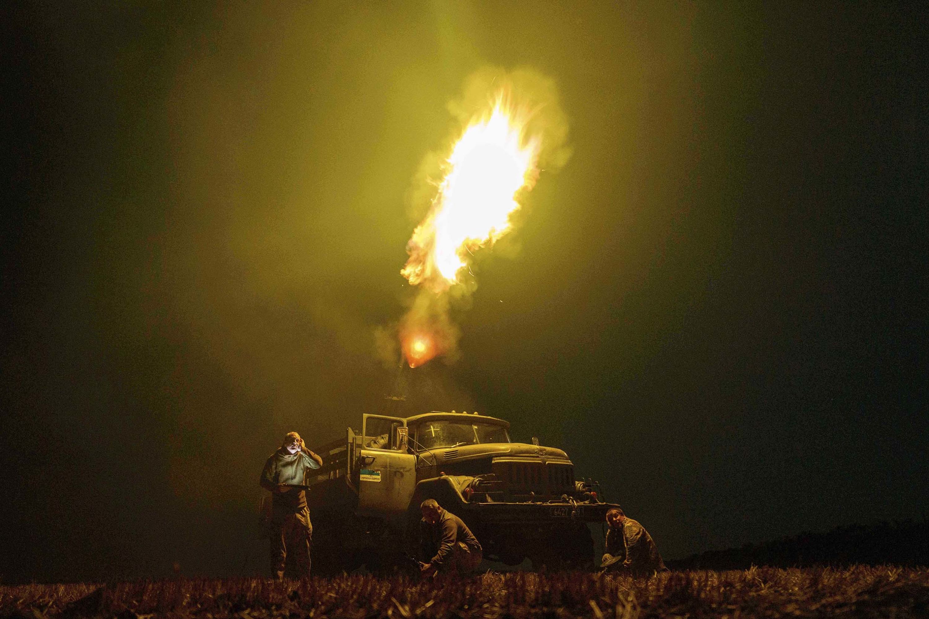 A Ukrainian air defense unit fires at Russian drones in the Dnipropetrovsk region of Ukraine, on Sunday, August 10.