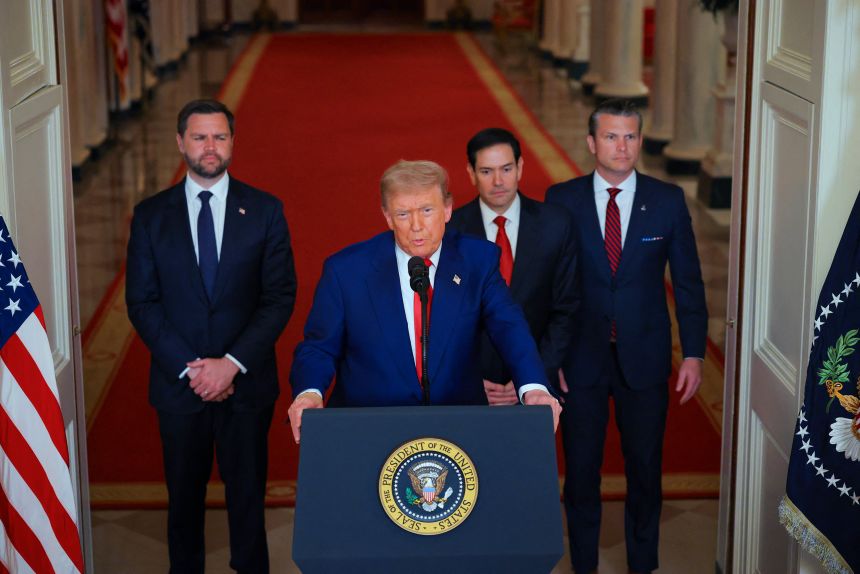 US President Donald Trump addresses the nation at the White House after American warplanes bombed nuclear sites in Iran on Saturday, June 21. Behind Trump, from left, are Vice President JD Vance, Secretary of State Marco Rubio and Defense Secretary Pete Hegseth.