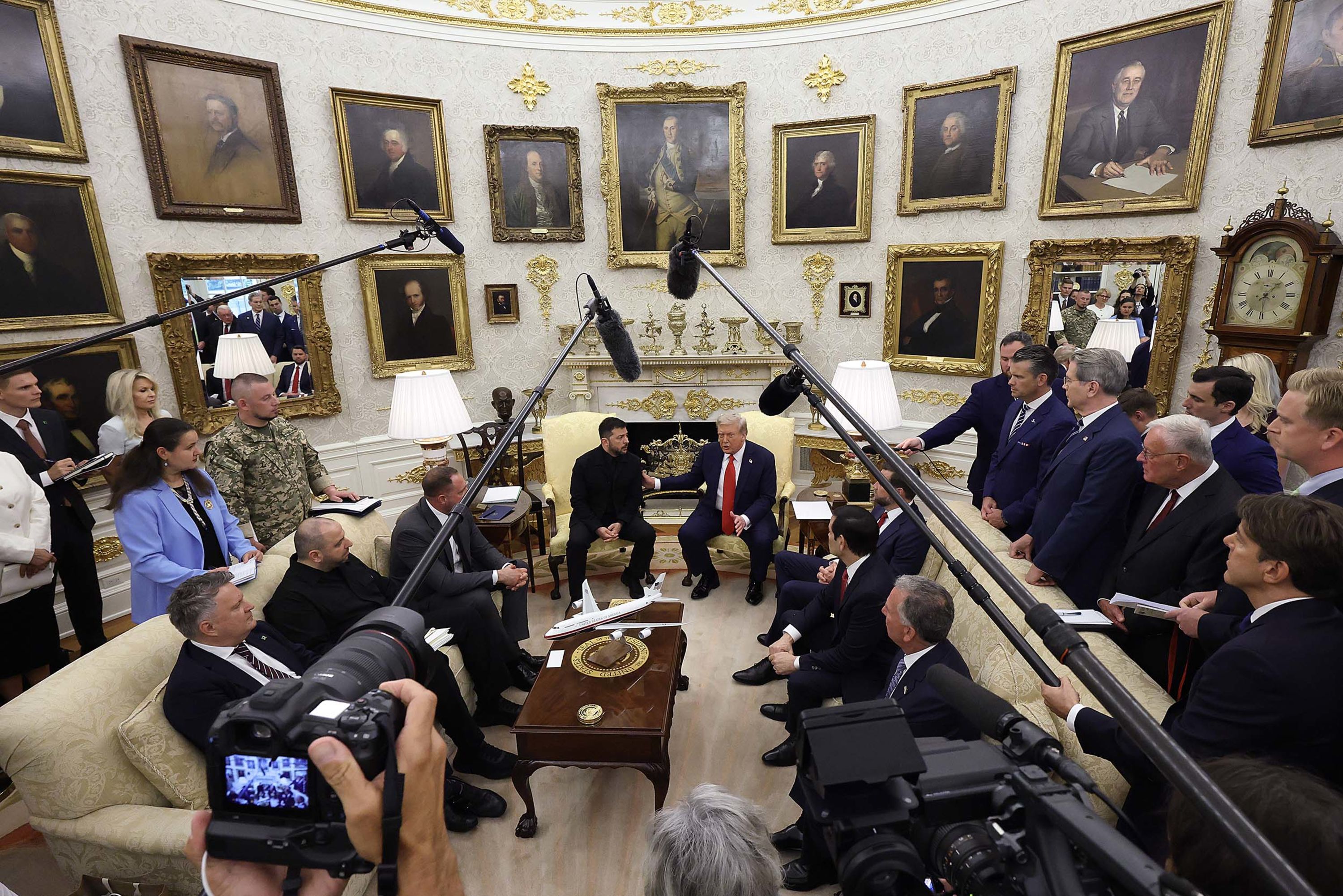 US President Donald Trump meets with Ukrainian President Volodymyr Zelensky in the Oval Office of the White House on Monday, August 18.