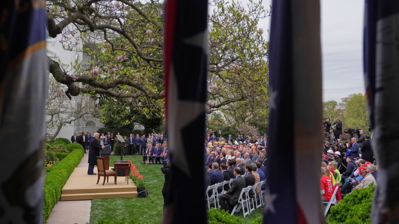 President Donald Trump announces new tariffs in the White House Rose Garden on Wednesday, April 2.