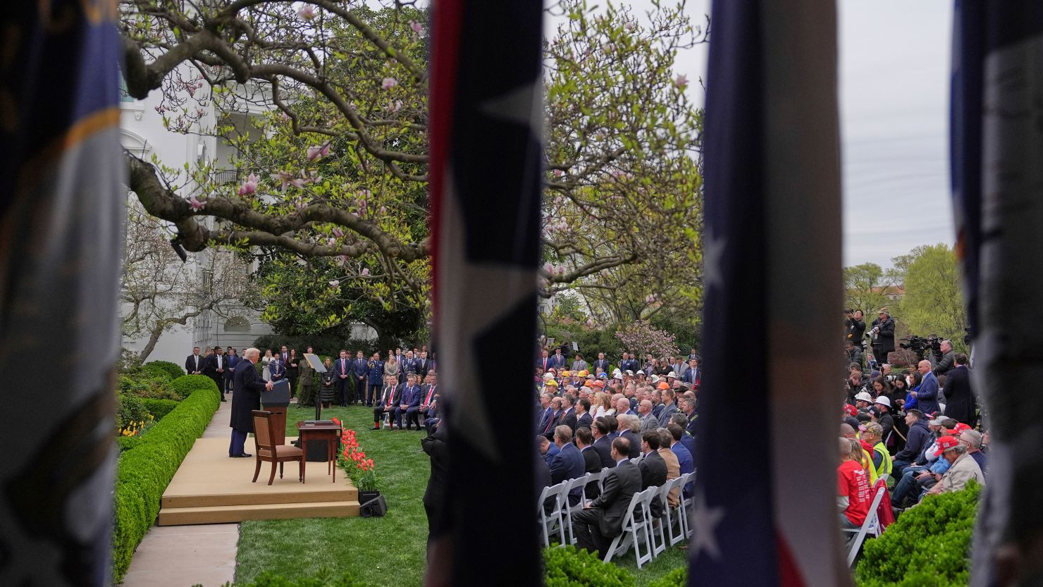 President Donald Trump speaks during an event to announce new tariffs in the Rose Garden of the White House on April 2, 2025.