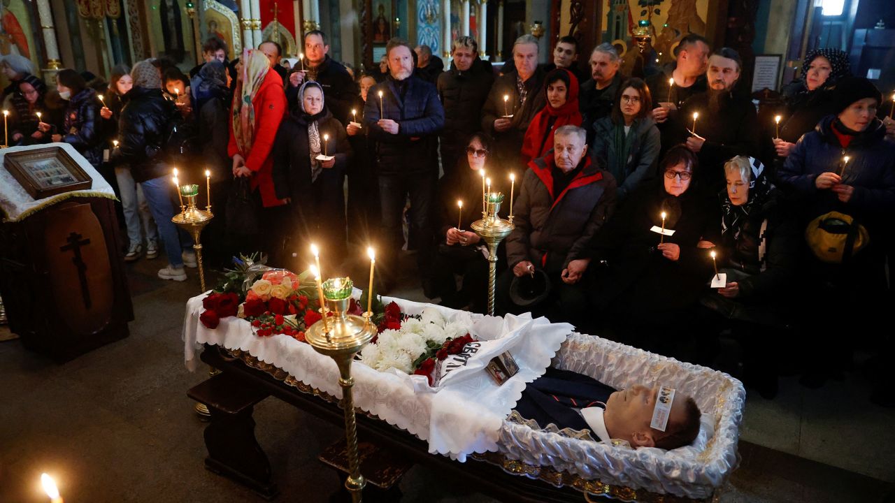 SENSITIVE MATERIAL. THIS IMAGE MAY OFFEND OR DISTURB. Mourners attend a funeral service and a farewell ceremony for Russian opposition politician Alexei Navalny at the Soothe My Sorrows church in Moscow, Russia, March 1, 2024. REUTERS/Stringer