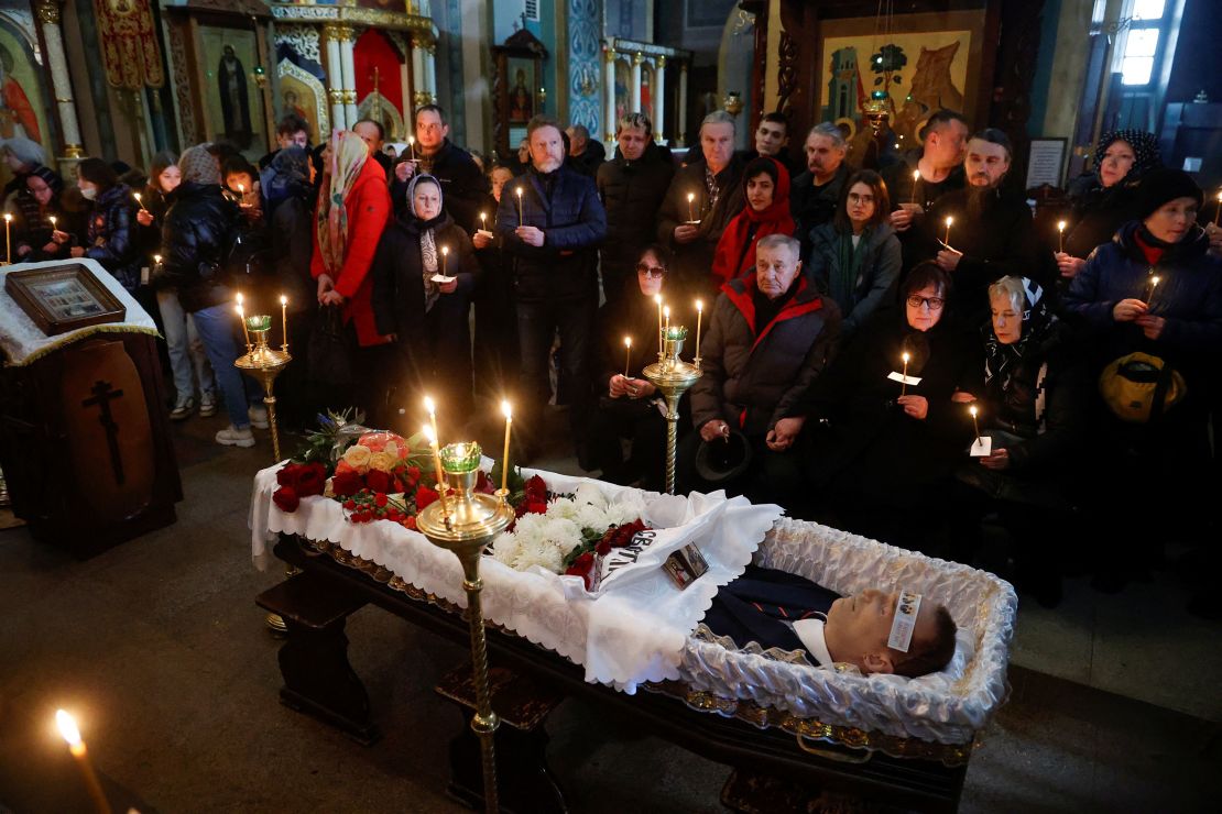 Mourners gather around the casket of Alexey Navalny during his funeral in Moscow on March 1, 2024.