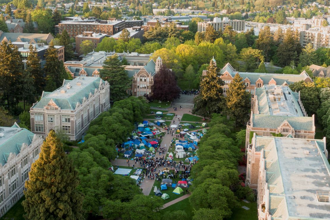 Demonstrators rally May 7 at a protest encampment of supporters of Palestinians in Gaza at the University of Washington in Seattle. REUTERS/David Ryder