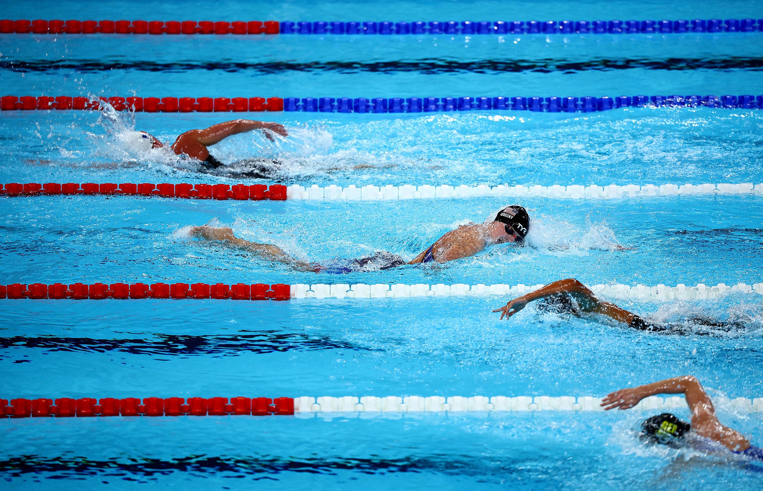 Ledecky, second from top, enjoys a comfortable lead against her competitors in the 1,500 free. With the win, Ledecky tied fellow American Jenny Thompson for the most Olympic gold medals by a female swimmer (eight). Ledecky also won her 12th Olympic medal in all, tying Thompson and Dara Torres for the most ever by a female swimmer.