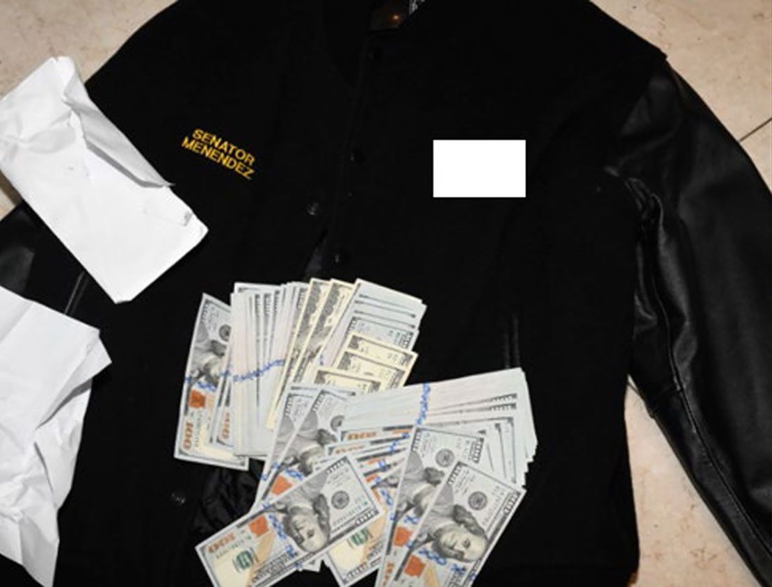 Prosecutors included this photo of a jacket bearing Menendez's name underneath $100 bills.