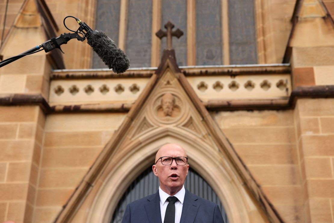 Peter Dutton talks to the media after taking part in Mass on April 22nd in Sydney, Australia.