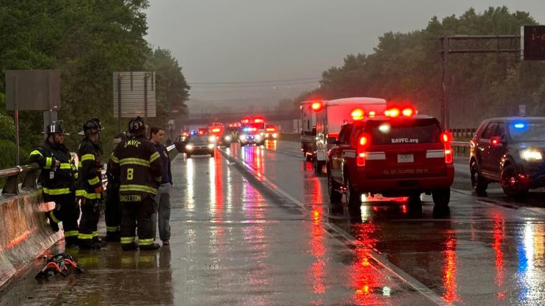 First responders on the scene of a bus crash on I-95 in Harford County, Maryland, on Sunday, May 5.