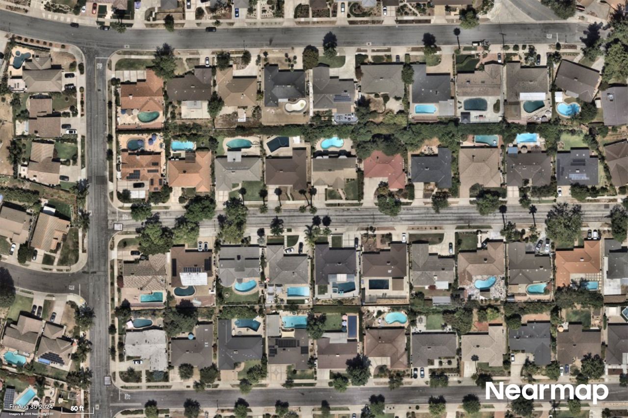 An aerial image taken on August 30 shows a neighborhood in Pasadena, California, before the fire.