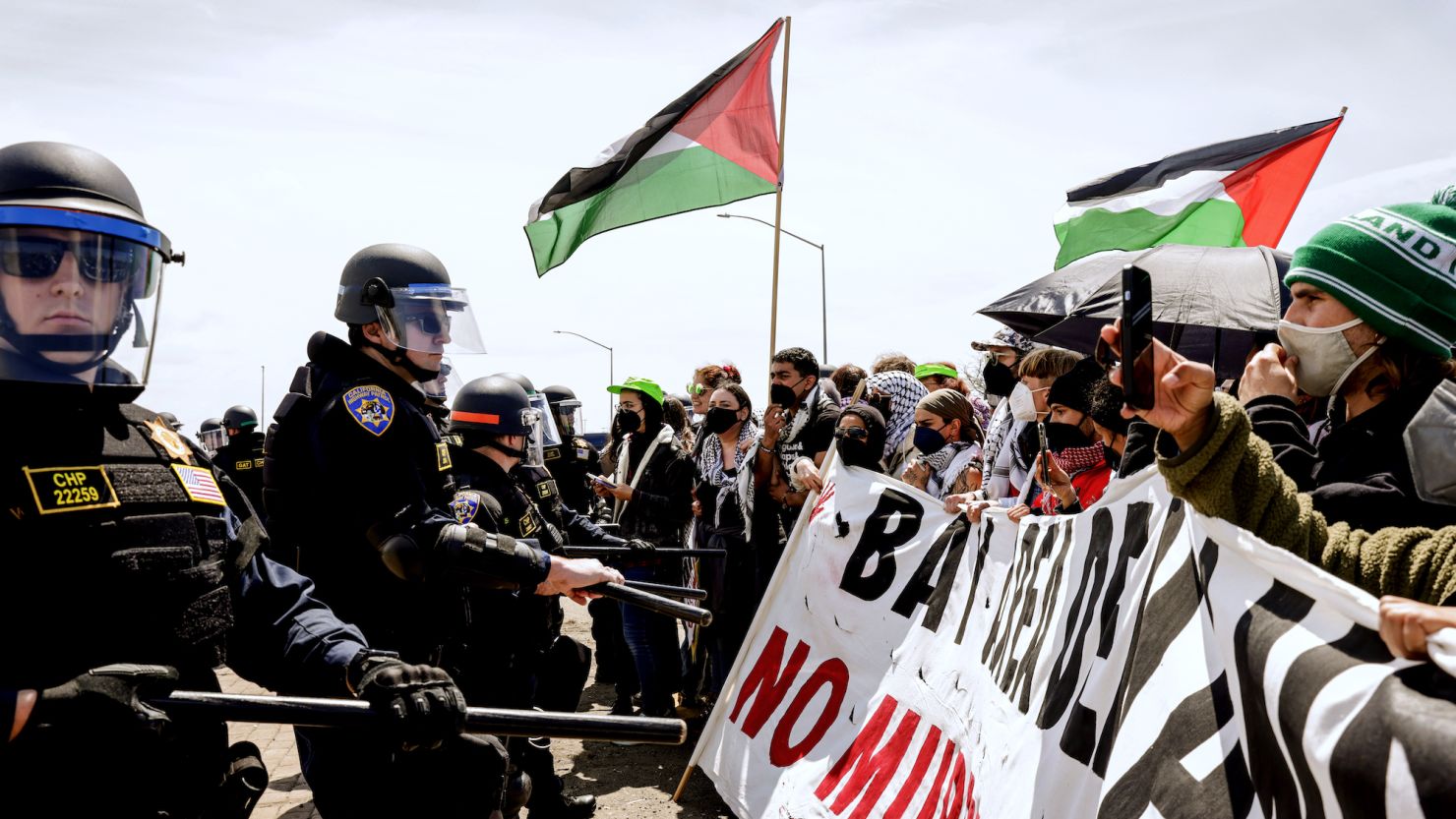 Demonstrators protesting the ongoing war in Gaza block southbound traffic on Interstate 880 in Oakland, California, on April 15, 2024.