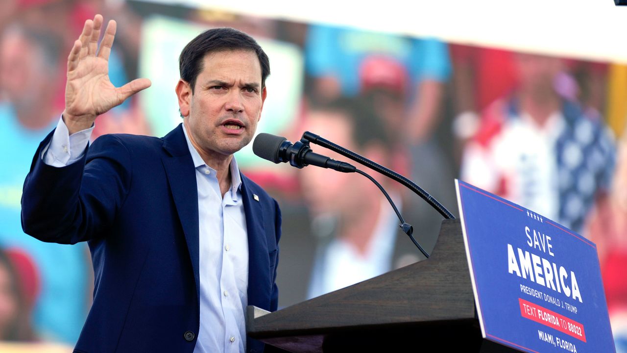 FILE - Sen. Marco Rubio, R-Fla., speaks at a campaign rally, Nov. 6, 2022, in Miami. Former President Donald Trump has narrowed his vice presidential shortlist to a handful of contenders that include Rubio, as he prepares to announce his pick in the days before, or perhaps at, next month's Republican National Convention. Trump told reporters Saturday, June 22, that he already has made his decision and that that person will be in attendance Thursday night in Atlanta at the first debate of the general election campaign with Democratic President Joe Biden.(AP Photo/Rebecca Blackwell, File)