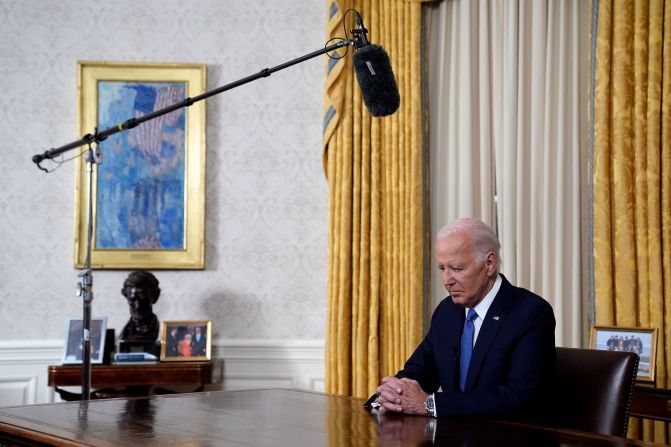 President Joe Biden <a href="https://www.cnn.com/2024/07/24/politics/biden-oval-office-address-2024/index.html">addresses the nation</a> from the White House Oval Office on July 24, explaining his decision not to seek reelection. It’s the first time a one-term US president has dropped out of a reelection run in decades. "I believe my record as president, my leadership in the world, my vision for America’s future all merited a second term,” said Biden, <a href="https://www.cnn.com/2024/07/21/politics/inside-bidens-exit-from-2024-race/index.html">who had been fighting for his political life</a> after a disastrous debate performance in June. “But nothing, nothing can come in the way of saving our democracy. That includes personal ambition. So, I’ve decided the best way forward is to pass the torch to a new generation. It’s the best way to unite our nation.”