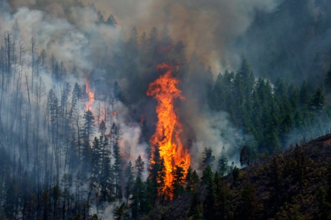 This summer, fires in California, Colorado and Oregon have scorched hundreds of thousands of acres across the three Western states, destroying property and forcing communities to evacuate. Here, flames rise amid the billowing smoke from a wildland fire burning along the ridges near the Ken Caryl Ranch development, southwest of Littleton, Colorado on July 31, 2024.