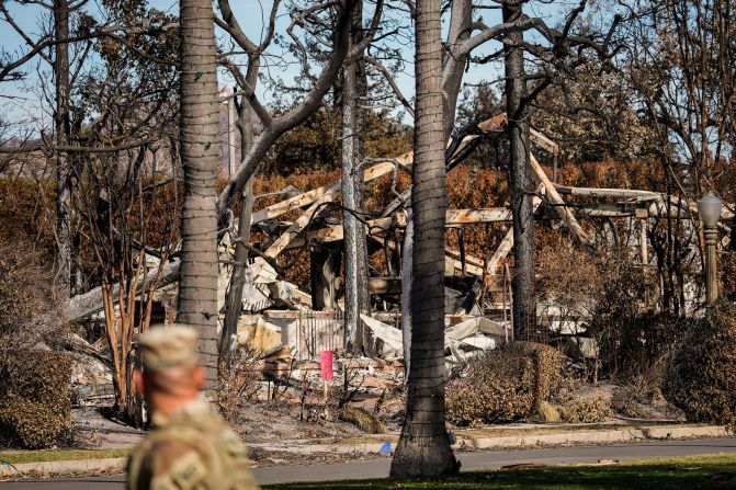 A member of the National Guard looks at a destroyed structure in Pacific Palisades on Friday, January 24.