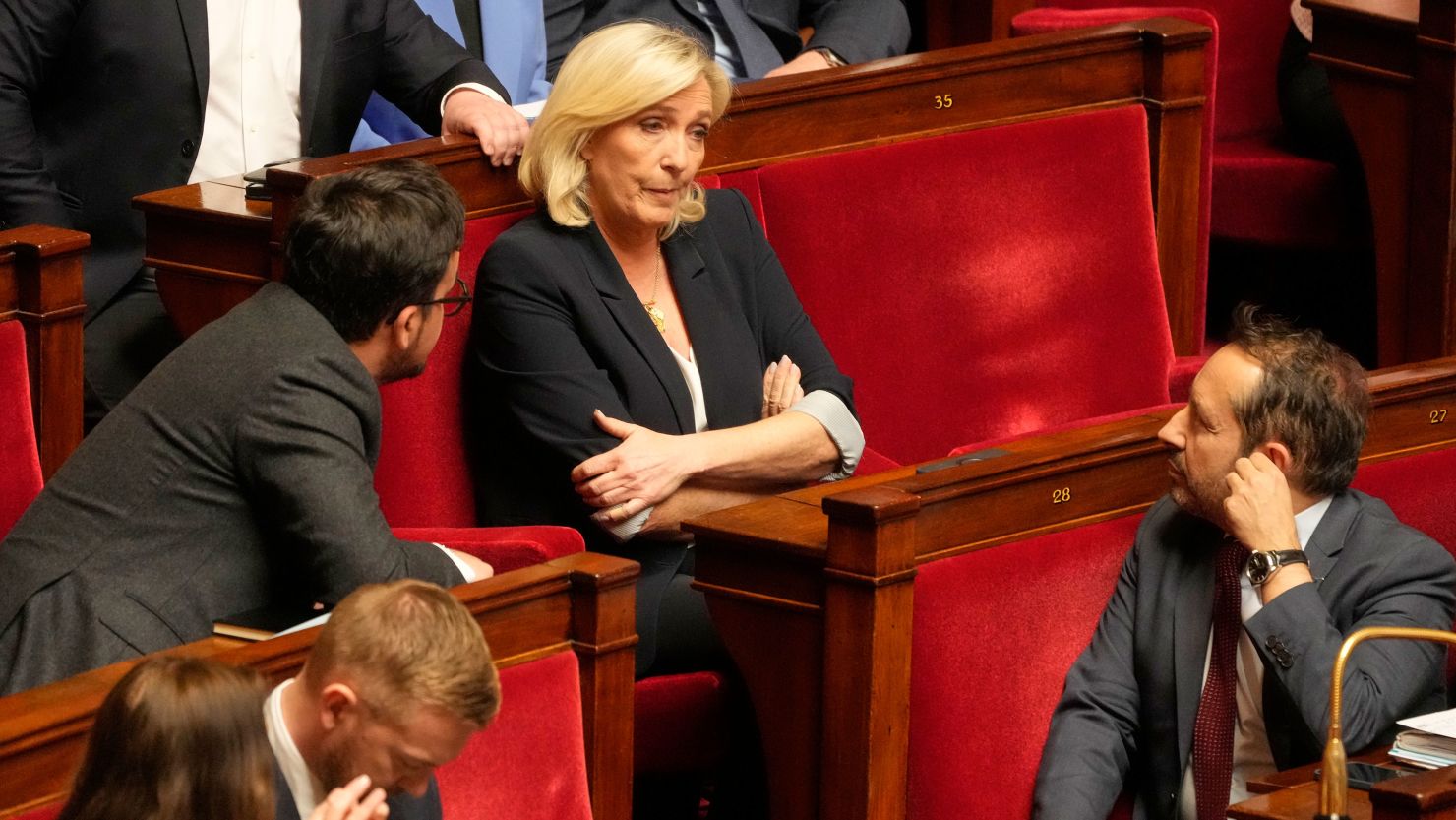 French far-right leader Marine Le Pen reacts during a session at the National Assembly in Paris on Tuesday.